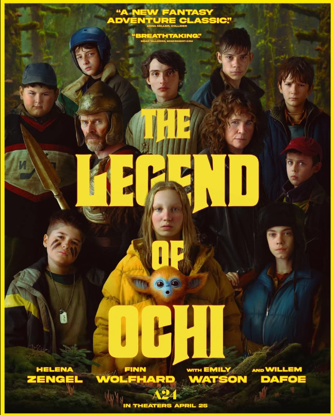 Pôster do filme 'A Lenda de Ochi', apresentando um elenco diversificado com personagens em destaque e ambientação lúdica.
